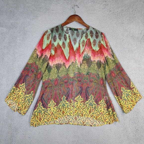 Poeme Citron Top Women's Medium Multicolor Paisley V-Neck Tunic Blouse Preppy - Picture 1 of 12